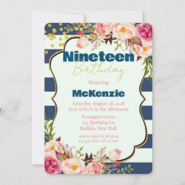 ブルー金ゴールドピンク牡丹ガール19thバースデーパーティー 招待状