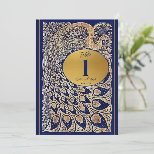ブルー金ゴールドピーコック結婚アールヌーボーのテーブル番号 (スタンド正面)