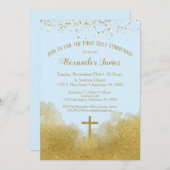 ブルー金ゴールドファーストホーリーコミュニオン招待状ボーイ 招待状 (正面/裏面)