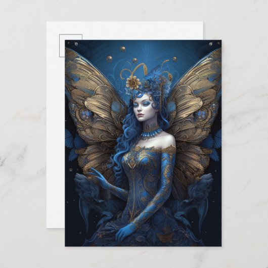ブルー金ゴールドフェアリーファンタジーアート ポストカード (正面/裏面)