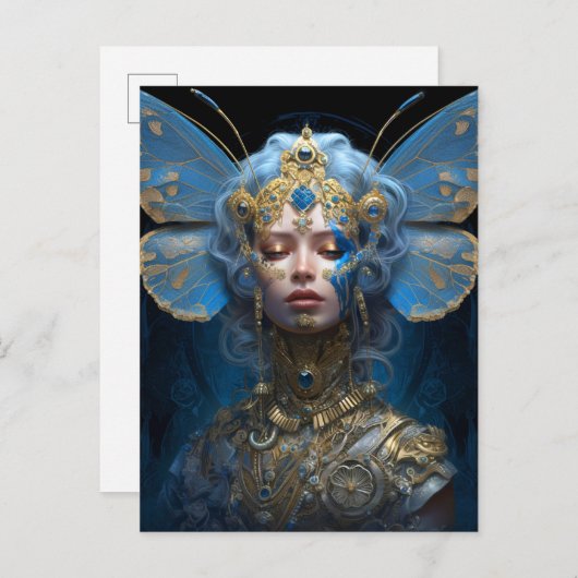ブルー金ゴールドフェアリーファンタジーアート ポストカード (正面/裏面)