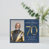 ブルー金ゴールドフォトバジェット70th誕生日招待状 (スタンド正面)