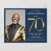 ブルー金ゴールドフォトバジェット70th誕生日招待状 (正面)