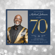 ブルー金ゴールドフォトバジェット70th誕生日招待状