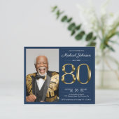 ブルー金ゴールドフォトバジェット80th誕生日招待状 (スタンド正面)