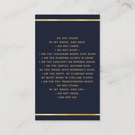 ブルー金ゴールドフォトフローラ葬儀祈りの言葉カード 名刺 (裏面)