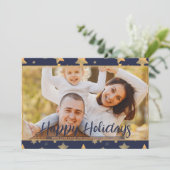 ブルー金ゴールドフォトユニークフェスティバルモダンクリスマス シーズンカード (スタンド正面)