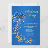ブルー金ゴールドフラワークリスマスパーティの招待状 招待状 (正面)