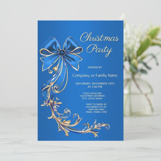 ブルー金ゴールドフラワークリスマスパーティの招待状 招待状 (スタンド正面)