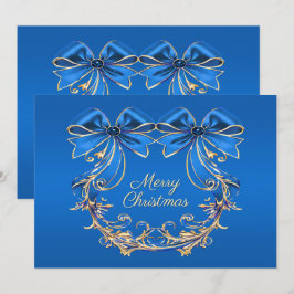 ブルー金ゴールドフラワーズクリスマスホリデーカード シーズンカード