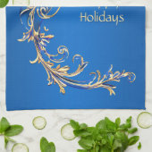 ブルー金ゴールドフラワーホリデーキッチンタオル キッチンタオル (折り畳み)