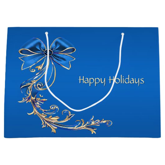 ブルー金ゴールドフラワーホリデー抱き枕 ラージペーパーバッグ (正面)