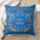 ブルー金ゴールドフラワーホリデー装飾用クッション クッション (ブランケット)