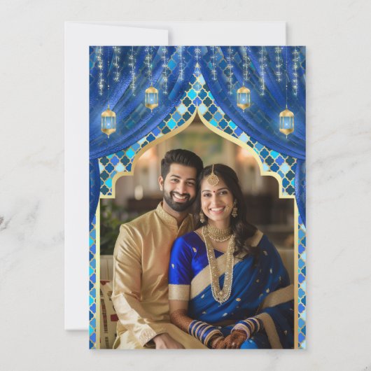 ブルー金ゴールドフローラインディアンヒンドゥー結婚フォト 招待状 (裏面)
