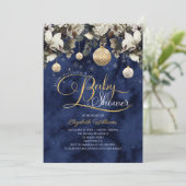 ブルー金ゴールドフローラオーナメントクリスマスベビーシャワー 招待状 (スタンド正面)