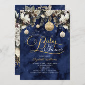 ブルー金ゴールドフローラオーナメントクリスマスベビーシャワー 招待状 (正面/裏面)