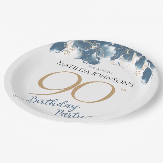 ブルー金ゴールドフローラカスタム90thバースデーパーティー ペーパープレート (アングル)