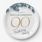 ブルー金ゴールドフローラカスタム90thバースデーパーティー ペーパープレート (正面)
