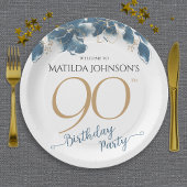 ブルー金ゴールドフローラカスタム90thバースデーパーティー ペーパープレート