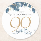 ブルー金ゴールドフローラカスタム90thバースデーパーティー ラウンドペーパーコースター (正面)