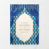 ブルー金ゴールドフローラカーテンインディアンヒンドー結婚ズ 三つ折り招待状 (カバー)