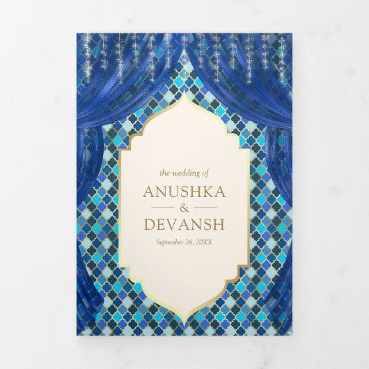 ブルー金ゴールドフローラカーテンインディアンヒンドー結婚ズ 三つ折り招待状 (カバー)