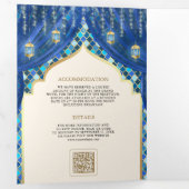 ブルー金ゴールドフローラカーテンインディアンヒンドー結婚ズ 三つ折り招待状 (内部最初)