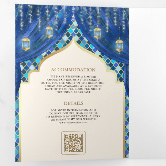 ブルー金ゴールドフローラカーテンインディアンヒンドー結婚ズ 三つ折り招待状 (内部最初)