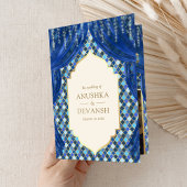 ブルー金ゴールドフローラカーテンインディアンヒンドー結婚ズ 招待状