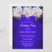 ブルー金ゴールドフローラコーラルバースデーパーティー 招待状 (正面)
