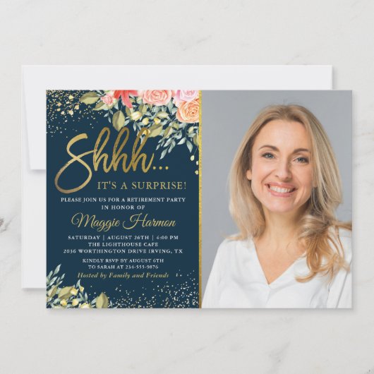 ブルー金ゴールドフローラサプライズ退職パーティー写真 招待状 (正面)