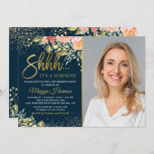 ブルー金ゴールドフローラサプライズ退職パーティー写真 招待状 (正面/裏面)