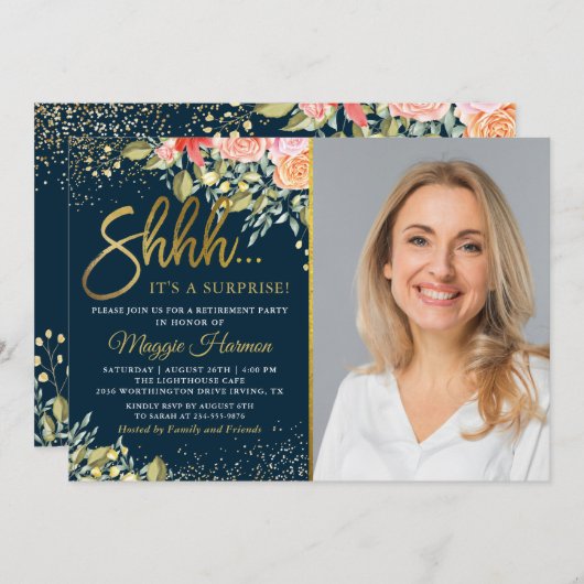 ブルー金ゴールドフローラサプライズ退職パーティー写真 招待状 (正面/裏面)