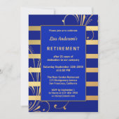 ブルー金ゴールドフローラストライプの退職招待状 招待状 (正面)