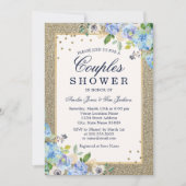 ブルー金ゴールドフローラスパークルカップルシャワー 招待状 (正面)