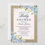 ブルー金ゴールドフローラスパークルベビーシャワー招待状 招待状 (正面)
