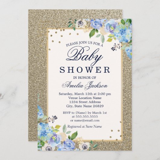 ブルー金ゴールドフローラスパークルベビーシャワー招待状 招待状 (正面/裏面)