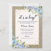 ブルー金ゴールドフローラスパークルボーイ赤ちゃんシャワー 招待状 (正面)