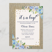 ブルー金ゴールドフローラスパークルボーイ赤ちゃんシャワー 招待状 (正面/裏面)