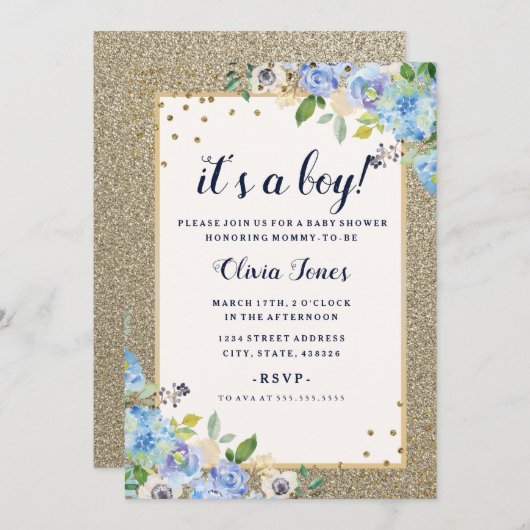 ブルー金ゴールドフローラスパークルボーイ赤ちゃんシャワー 招待状 (正面/裏面)