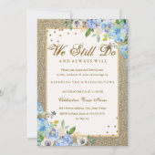 ブルー金ゴールドフローラスパークル誓い更新記念日 招待状 (正面)