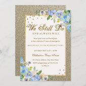 ブルー金ゴールドフローラスパークル誓い更新記念日 招待状 (正面/裏面)