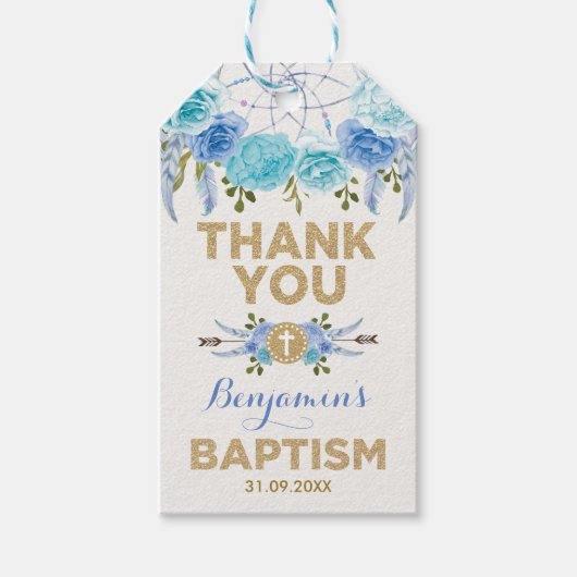ブルー金ゴールドフローラドリームキャッチャー洗礼《キリスト教》洗礼式や命名式 ギフトタグ (正面)