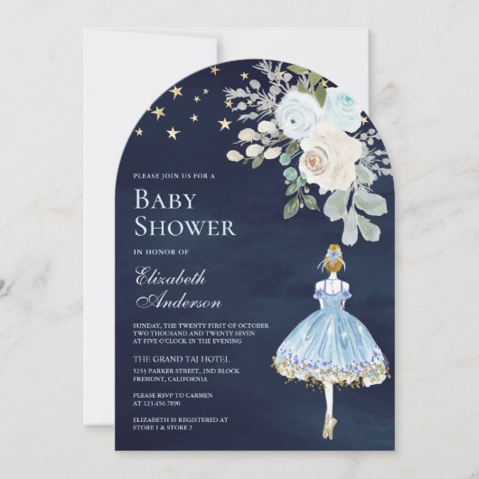 ブルー金ゴールドフローラバレリーナアーチネイビーベイビーシャワー 招待状 (正面)