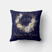 ブルー金ゴールドフローラモノグラム結婚ロゴのギフト クッション (裏面)