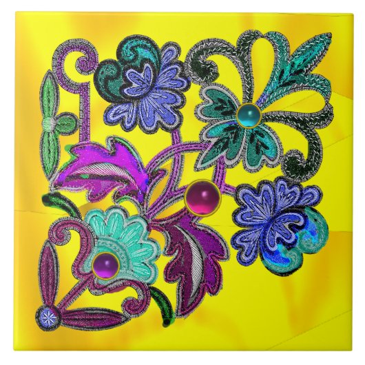 ブルー金ゴールドフローラレース、花、カラフル宝石 タイル (正面)