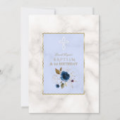 ブルー金ゴールドフローラ大理石1st誕生日&バプテスマ 招待状 (裏面)