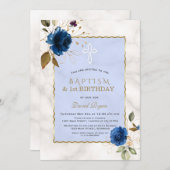 ブルー金ゴールドフローラ大理石1st誕生日&バプテスマ 招待状 (正面/裏面)