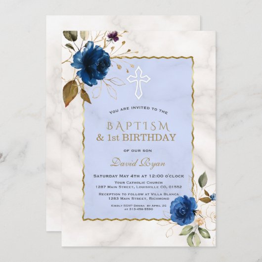 ブルー金ゴールドフローラ大理石1st誕生日&バプテスマ 招待状 (正面/裏面)