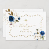 ブルー金ゴールドフローラ金ゴールドグリッターフレームボーイバプテスマ サンキューカード (正面/裏面)